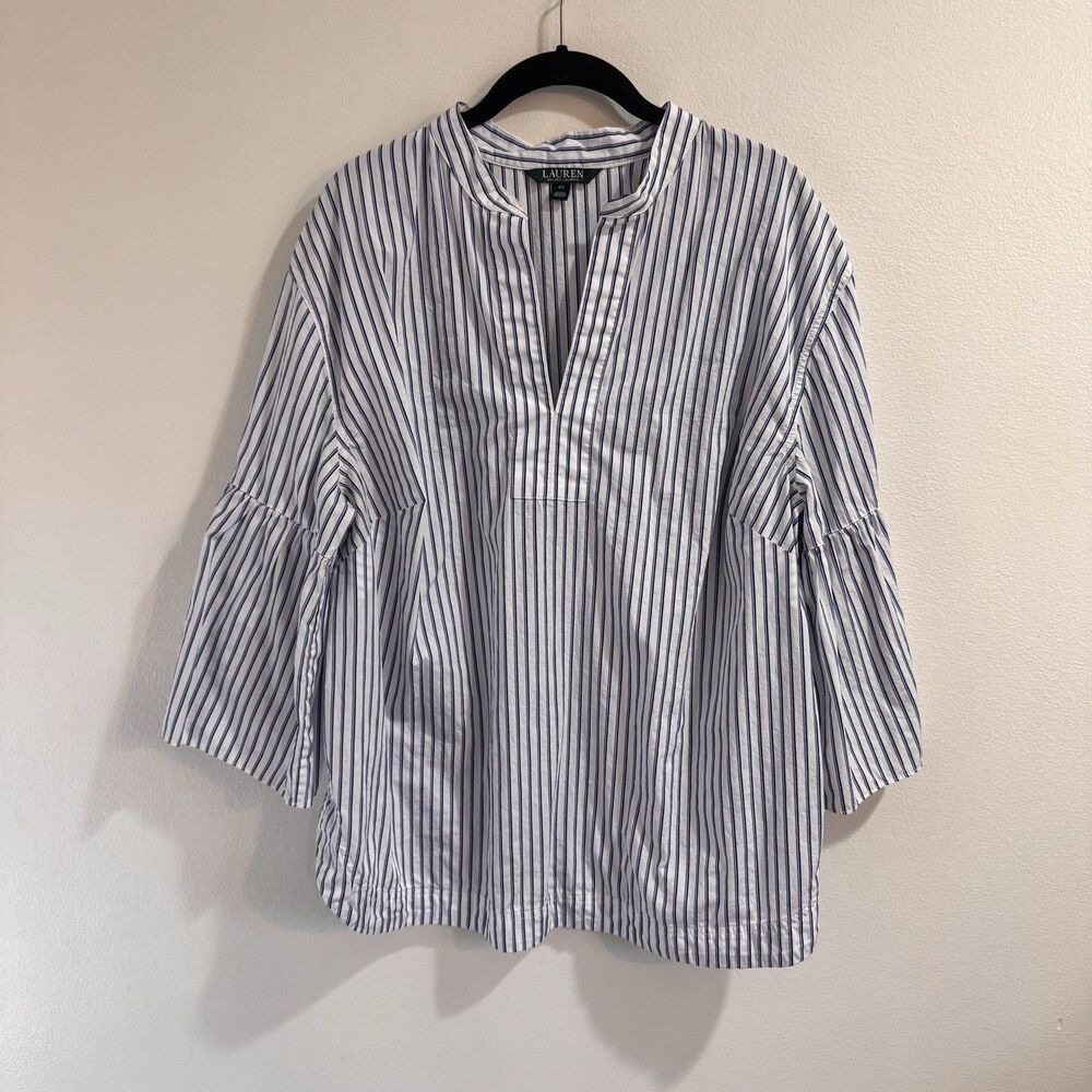 Lauren Ralph Lauren Blouse Shirt 2X White Blue Striped Bell Sleeve Cotton V-neck